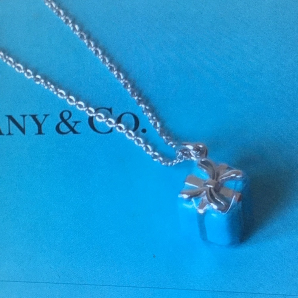 Tiffany & Co. Silver and Blue Gift Box Pendant Necklace